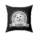 Front view of a black custom pet photo pillow, featuring a cat, with "Best Cat" text.