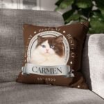 Brown personalized cat photo pillow with "Best Cat" text, on a couch.