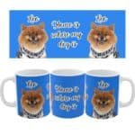 Custom pet photo mug with pet portrait and "Home Is Where My Dog Is" design.