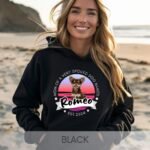 Black hoodie customized for dog and cat lovers with the pet's name, its name, inscription "Mom of a very spoiled dog named Romeo" and year birth. Personalized pet lover gift featuring a unique design, perfect for pet owners