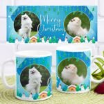 Blue personalized Christmas dog mug with dog picture and Christmas design.