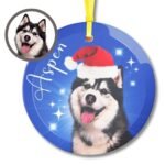 Close-up of a Blue Personalized Christmas Pet Ornament featuring a Dog Portrait and Name