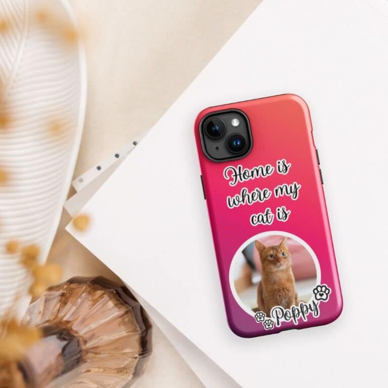 Custom cat phone case with a cat photo – Style 1. Personalized phone cover placed on a table, showcasing a unique design for cat lovers. Durable and stylish protection for your device