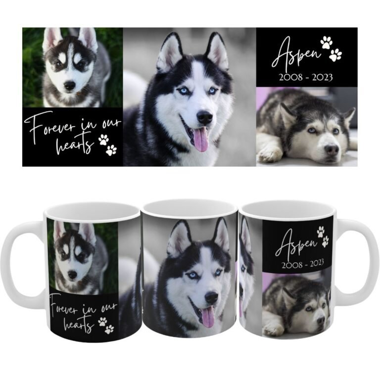 Custom dog memorial mug with dog picture, full view, version 3