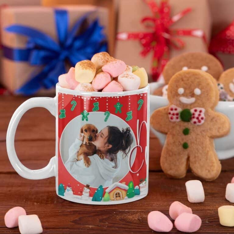 Custom dog photo coffee cup featuring a photo of a dog and pet owner in a Christmas setting.