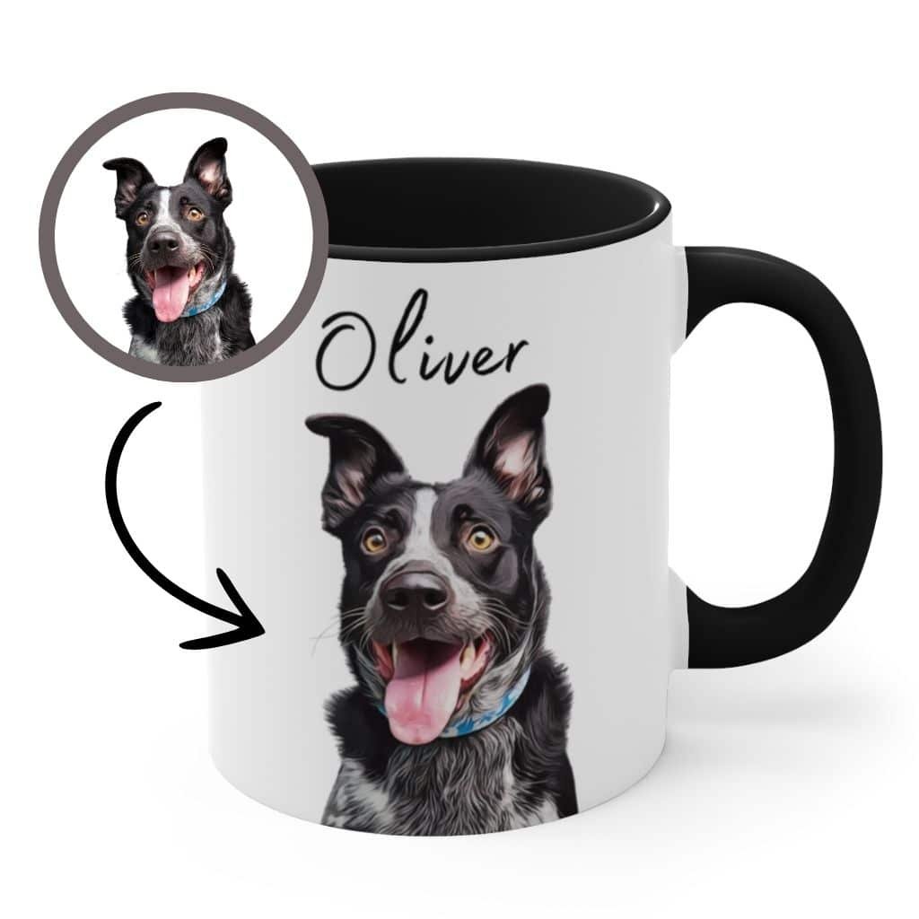 Custom dog portrait mug, white with black color inside, close-up view