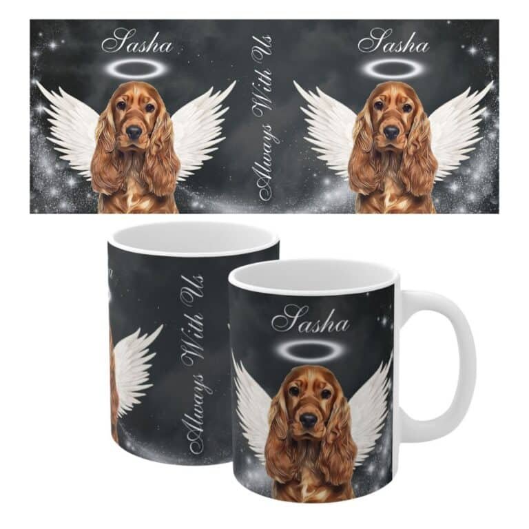Custom pet memorial mug featuring an angel with wings and a halo, close-up view