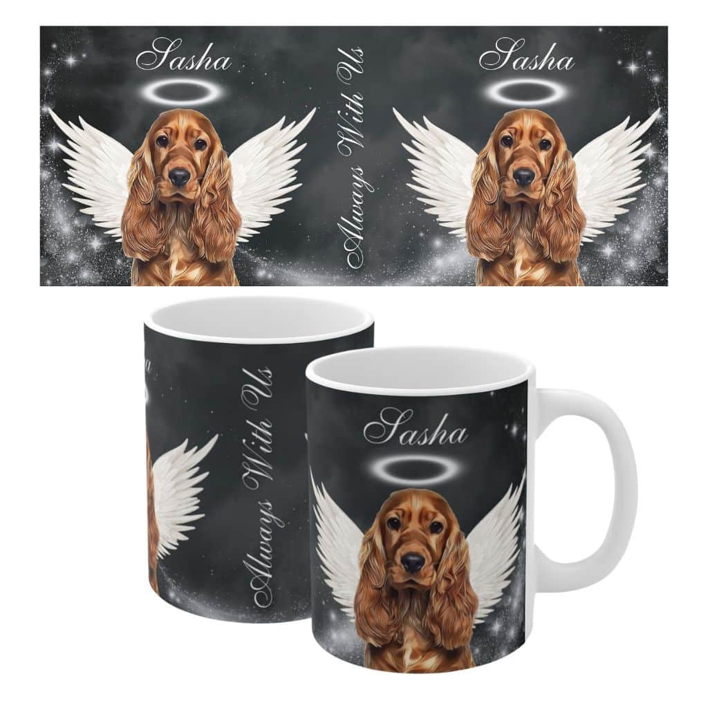 Custom pet memorial mug featuring an angel with wings and a halo, close-up view