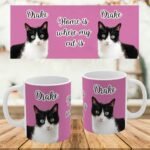 Custom pet photo mug with pet portrait and "Home Is Where My Cat Is" design, pink
