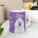 Custom pet photo mug with pet portrait and "Home Is Where My Dog Is" design, light purple