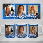 Custom photo mug, birthday gift for woman, blue color