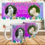 Light purple personalized Christmas dog mug with dog photo, full view on table.