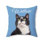 Personalized cat lover pillow with pet portrait, light blue, close-up view