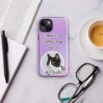 Personalized cat phone case featuring a custom cat portrait and name – Style 5. Displays the phrase "Home Is Where My Cat Is." A perfect gift for cat lovers, offering stylish and durable phone protection