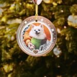 Brown personalized dog memorial ornament, seen from a distance on a Christmas tree