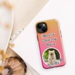 Personalized dog phone case featuring a custom dog photo and name with the phrase "Home Is Where My Dog Is," Style 2, displayed in a lifestyle setting