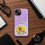 Personalized dog phone case featuring a custom dog photo and name with the phrase "Home Is Where My Dog Is," Style 5, displayed in a lifestyle context