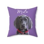 Close-up of a light purple personalized dog photo pillow, a great gift for dog lovers