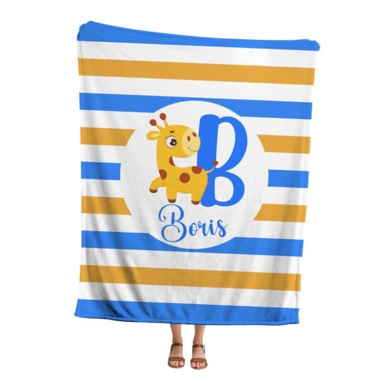 Personalized little giraffe blanket with custom name for kids in blue