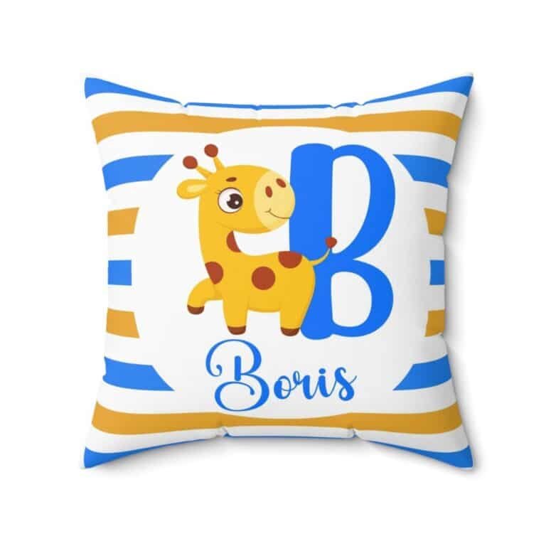 Personalized little giraffe pillow for kids, blue, front view