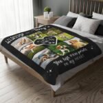 Personalized pet loss blanket in black featuring a pet photo collage, pet's name and inscription "Your left paw prints on my heart"
