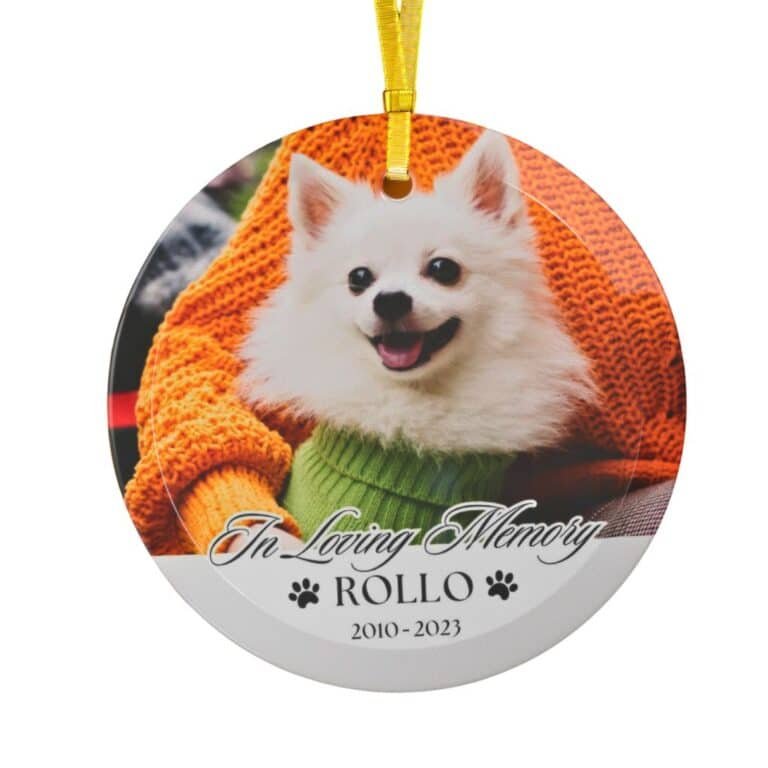 Personalized pet memorial ornament with a dog photo.