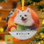 Personalized pet memorial ornament with a dog photo.