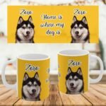 Personalized pet photo coffee mug, yellow, with "Home Is Where My Dog Is" design, version 4