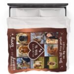 Pet memorial blanket with pet photos and brown background