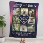 Pet memorial blanket with a pet's photo collage, dark purple