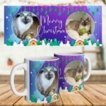 Purple custom Christmas pet mug with cat picture and Christmas design
