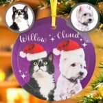 Purple personalized Christmas pet ornament with close-up of dog and cat photos.