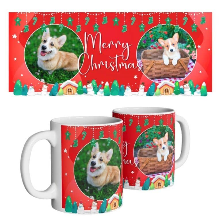 Red personalized Christmas dog mug with dog photo.