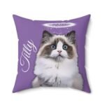 Square light purple personalized cat remembrance pillow with pet picture and halo, close-up view