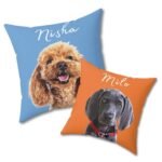 Close-up of two custom dog picture pillows, one light blue and one orange.
