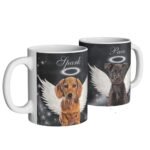 Two personalized pet memorial mugs with dogs' pictures as angels, dog bereavement gifts