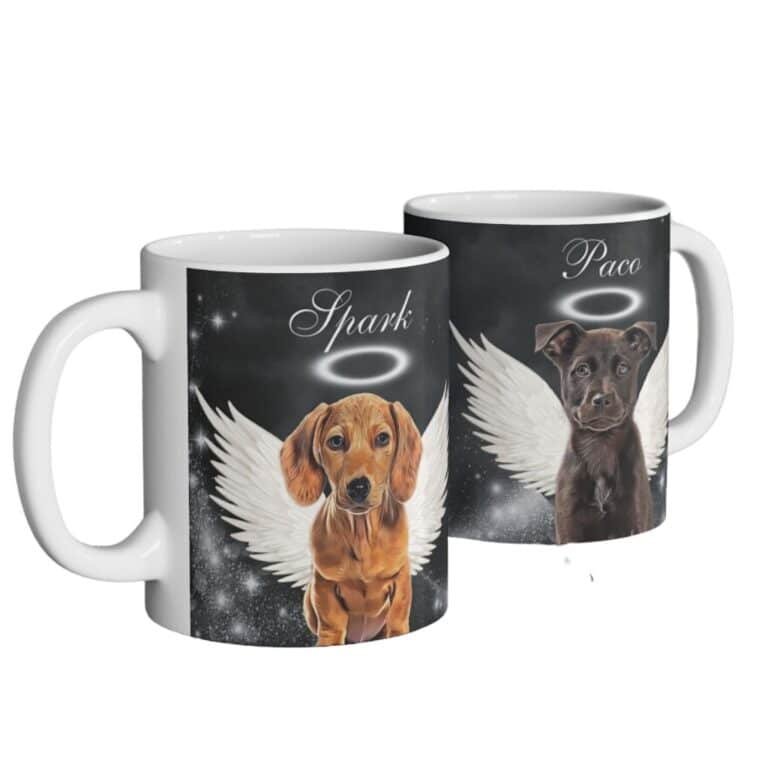 Two personalized pet memorial mugs with dogs' pictures as angels, dog bereavement gifts