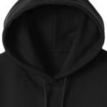 Close-up view of a unisex fleece hoodie showcasing the hoodie fabric and drawstrings. Soft, comfortable, and perfect for everyday wear