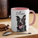 White with pink color inside custom dog portrait mug, placed on a table