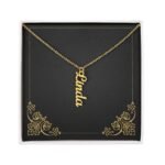 18k yellow gold finish custom affordable vertical name necklace for her in a gift box with elegant floral background