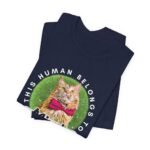 custom cat lover shirt "This Human Belongs To" with cat's portrait in navy, folded
