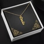 18K yellow gold finish custom affordable vertical name necklace in a gift box