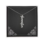 Custom affordable vertical name necklace, silver finish, shown in a gift box