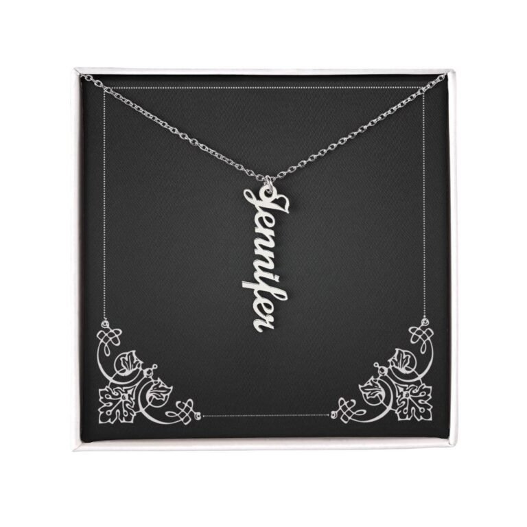 Custom affordable vertical name necklace, silver finish, shown in a gift box