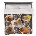 custom dog and cat loss blanket with a 5 pet photo collage in brown and background with hearts