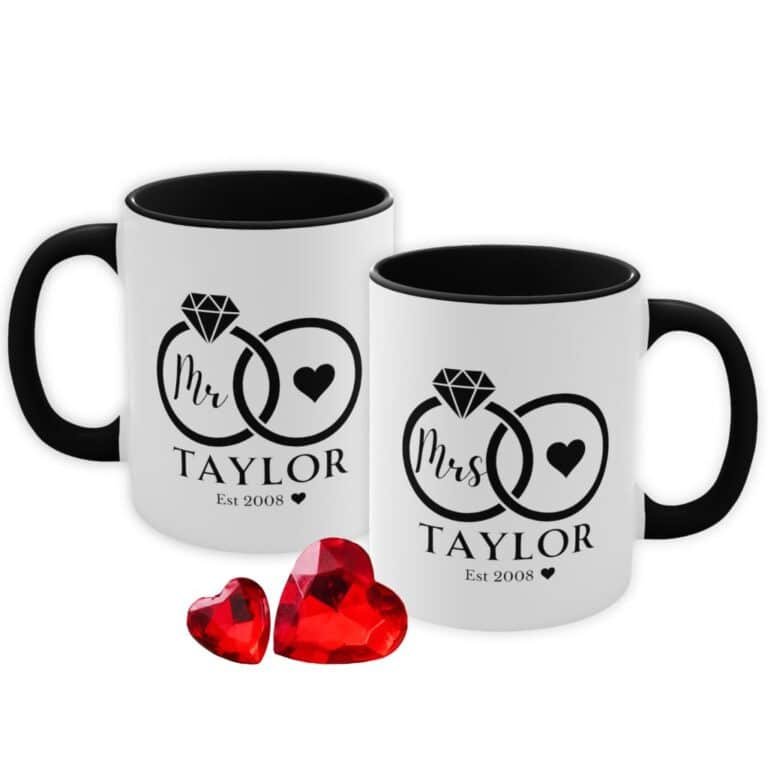 Custom wedding cups for Mr. and Mrs., placed in a context setting