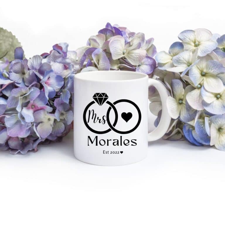 Custom wedding mug with last name, context