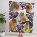 Purple dog memorial blanket with a dog picture collage and inscription "[Dog's Name], Loved, Missed, Always with us
