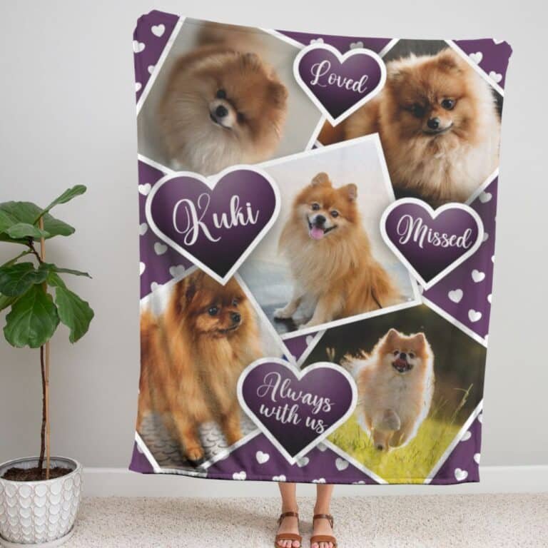 Purple dog memorial blanket with a dog picture collage and inscription "[Dog's Name], Loved, Missed, Always with us