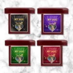 Gold finish dog name and paw print necklace with dog photo—customizable with a choice of background colors